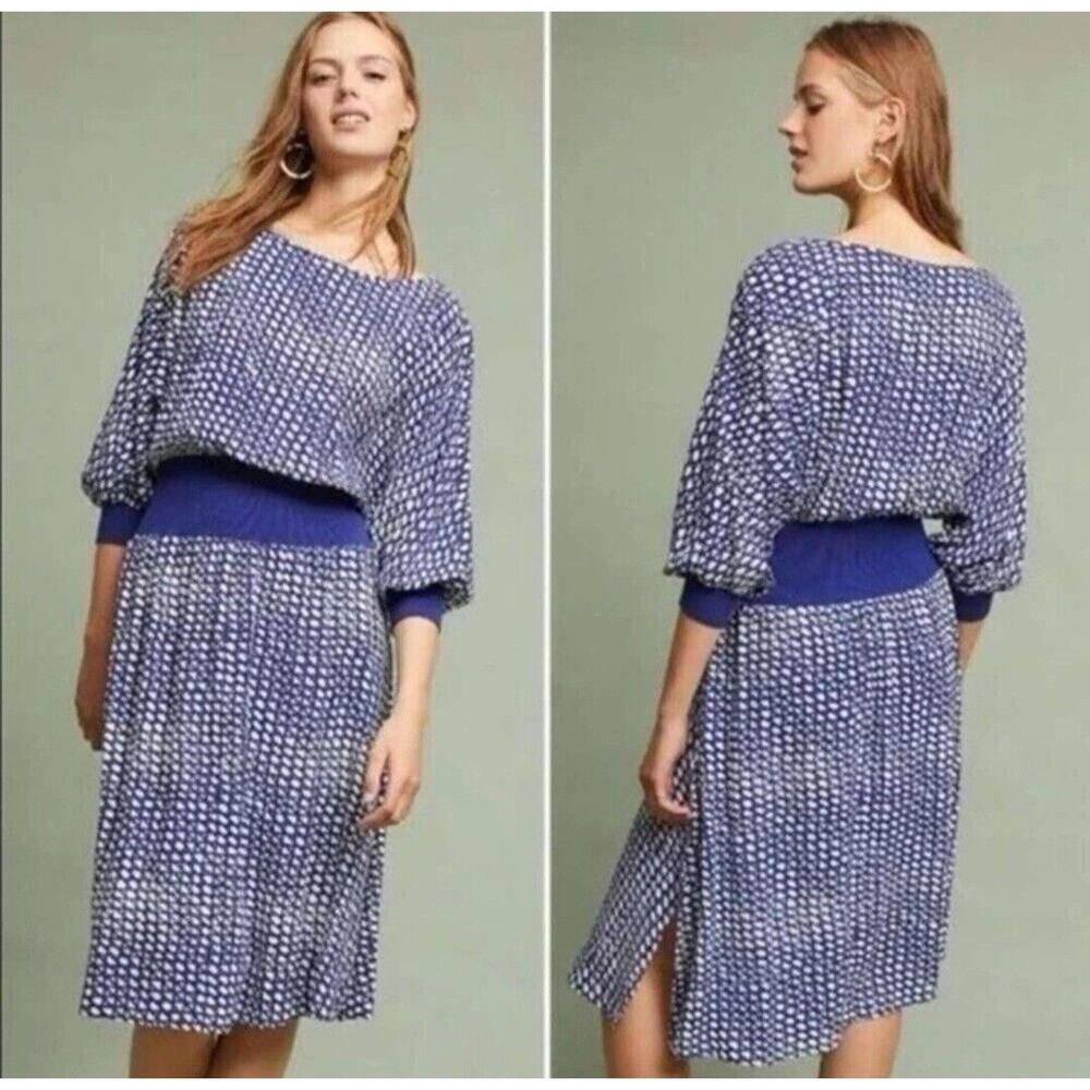 Anthropologie‎ Maeve Midi Dress Size XS Blue White 3/4 Sleeves Ribbed Knit Waist